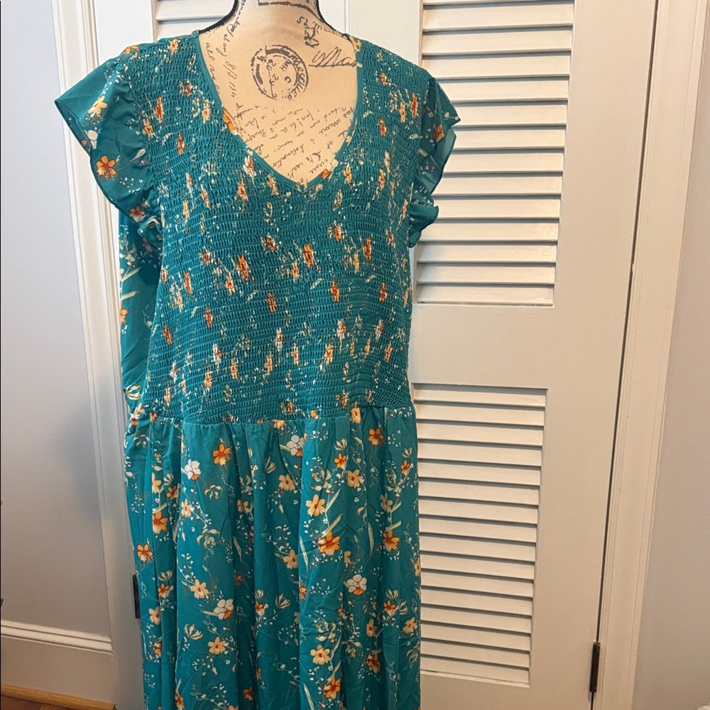 BloomChic Teal Floral V-Neck Smocked Midi Dress